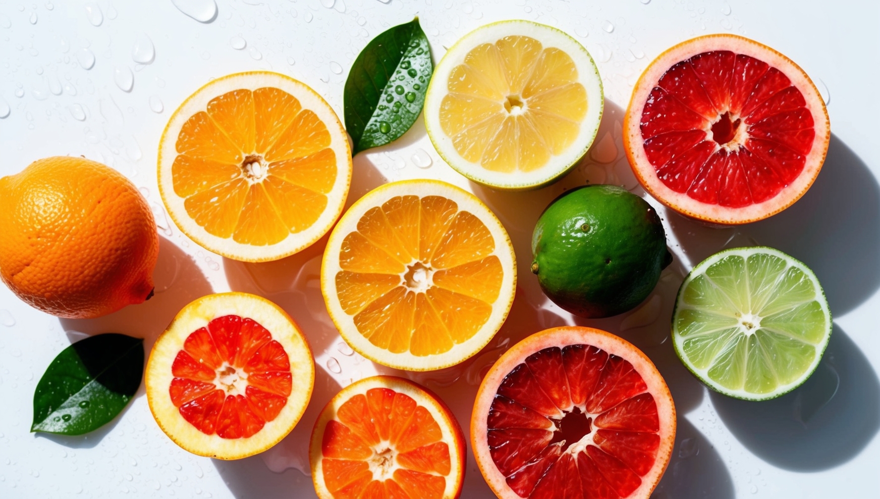 Friss citrusgyümölcsök bergamottal, citrommal, naranccsal félbevágva lédús belsővel vízcseppekkel tiszta energikus kompozícióban