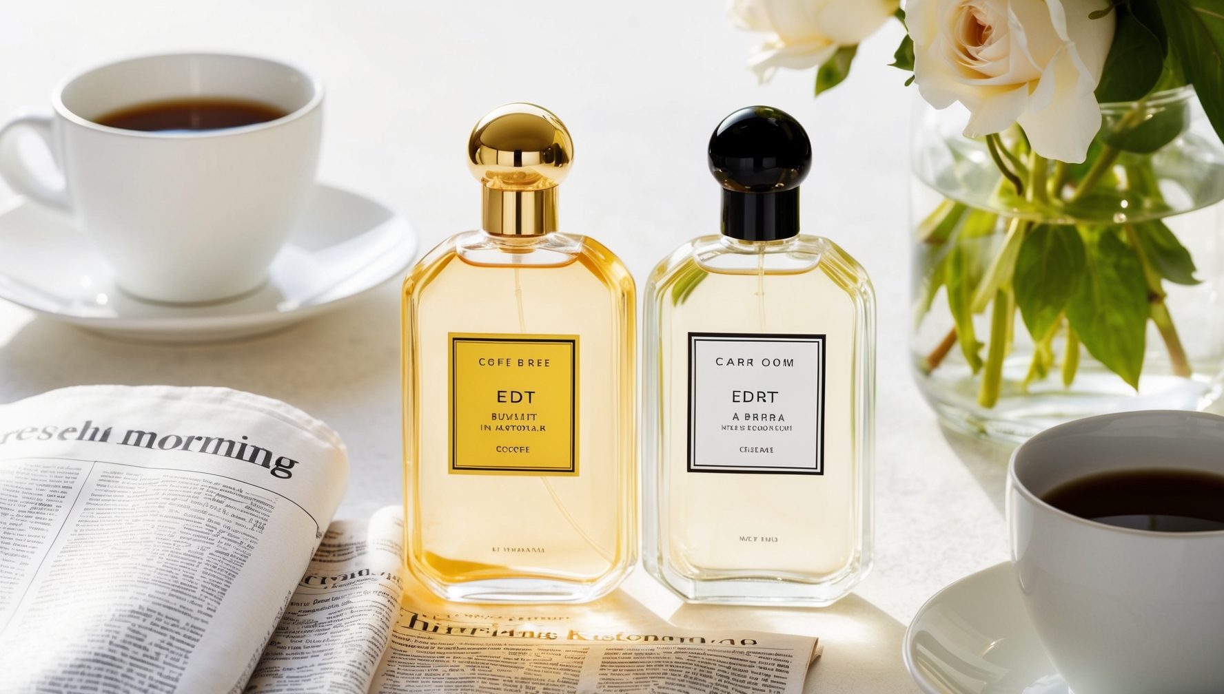 EDT parfümök nappali környezetben reggeli kávéval és újsággal világos természetes fényben