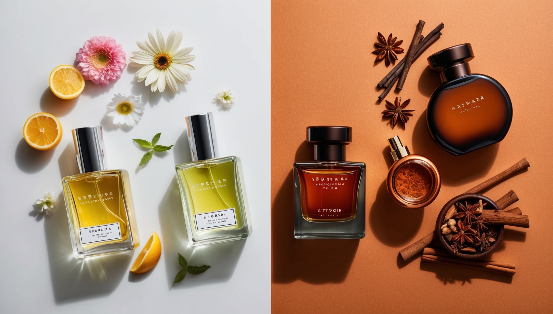 Évszakos parfümkollekció művészi elrendezésben világos friss üvegek tavaszi virágokkal és mélyebb gazdag üvegek téli fűszerekkel