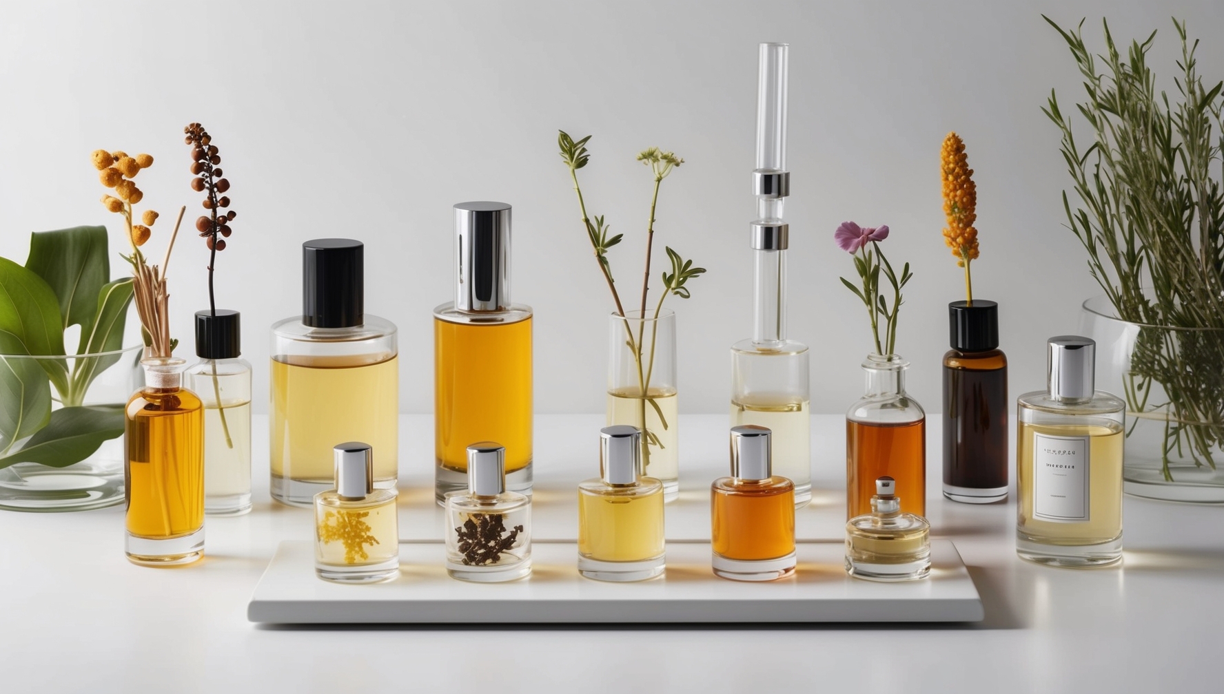 Modern parfümlaboratórium különböző természetes alapanyagokkal és esszenciákkal üvegekben minimalista esztétikával