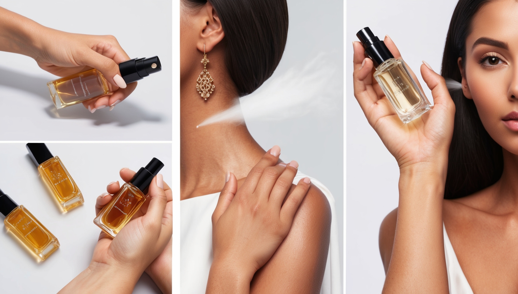 Parfüm alkalmazási technika demonstrációja pulzuspontokon elegáns kezekkel csuklón és nyakon