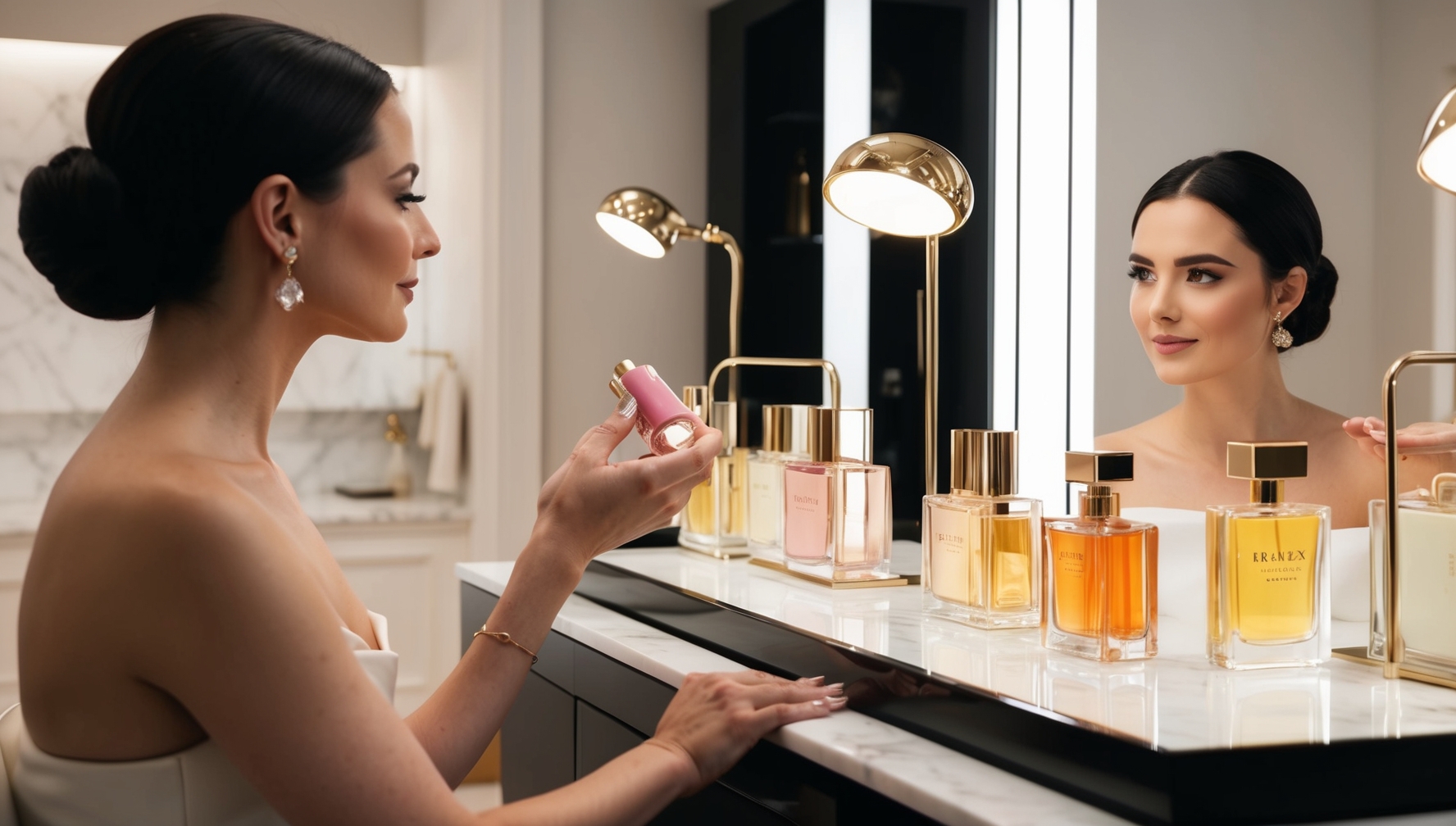 Professzionális parfüm konzultáció elegáns szépségszakértő bemutatja a helyes alkalmazási technikákat luxus parfüm pultnál
