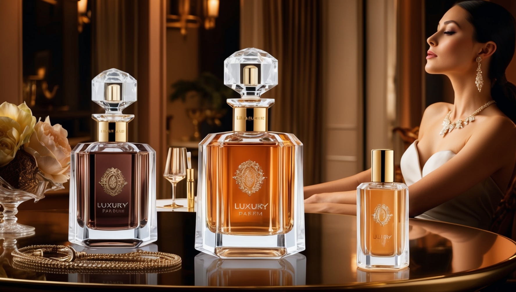Luxus parfüm koncentráció üvegek esti elegáns környezetben kristály dekantálókkal és arany kiegészítőkkel