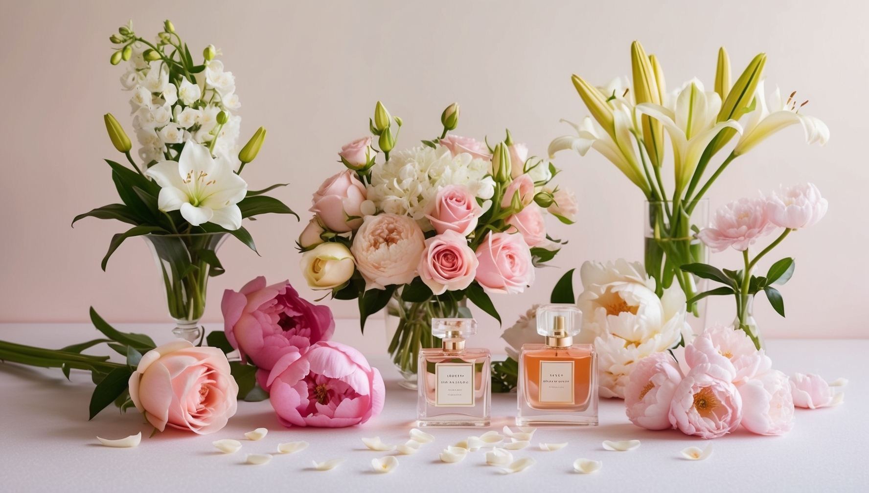 Elegáns virágkompozíció rózsákkal, jázminnal, bazsarózsával lágy természetes fényben romantikus atmoszférában